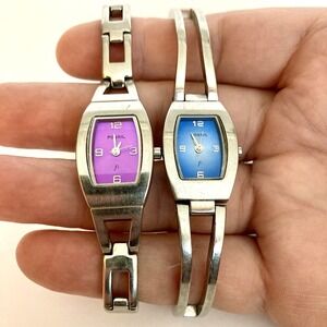 Fossil F2 Lot of 2 Womens Watches Silver Tone Bracelet Pink Blue ES-9422 ES-9609
